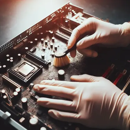 Una placa base de computadora siendo limpiada con un cepillo